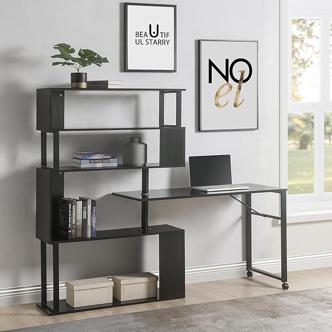 Vinsetto L-Shaped Home Office Computer Desk with Rotating Corner Table 5-Tier Bookshelf Lockable Casters Four Installation Methods 47.2 x 39.9 x 60.2 Black
