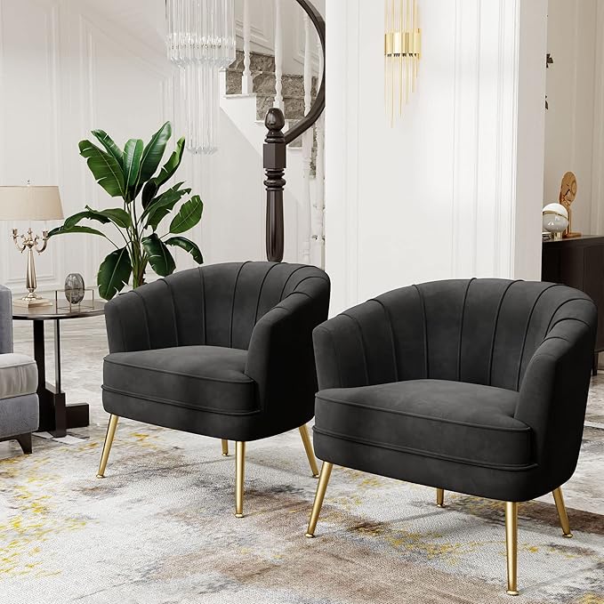 Andeworld Velvet Accent Chair Upholstered Modern Single Sofa Side ChairComfy Barrel Club Living Room Armchair with Golden Metal Legs for Bedroom Living Reading Room Office Black
