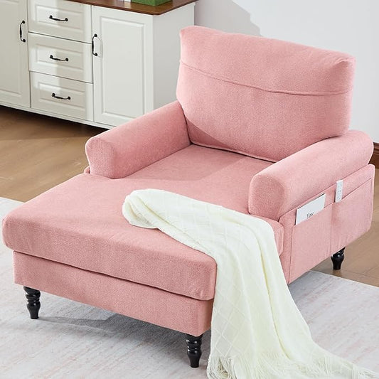 KEIKI Chaise Lounge Chair Indoor Oversized Accent Chenille Armchair with Storage Leisure Sleeper Single Sofa Side Chair Corner Recliner Arm Chairs for Living Room Reading Easy Assembly Pink