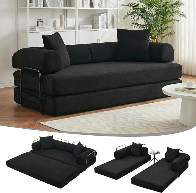 78.5'' Convertible Folding Sofa Bed 5-in-1 Modular Floor Couch Corduroy Small Cloud Couch Compressed Foldable Sleeper Sofa King Size Futon for Bedroom Guest Room (Black)