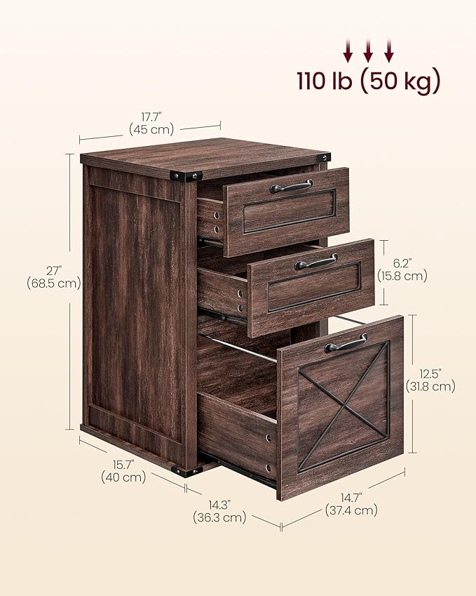 VASAGLE File Cabinet Filing Cabinet with 3 Drawers Printer Stand Fit A4 Letter Size Hanging File Folders Modern Farmhouse Style for Home Office Maroon Brown UOFC054K02