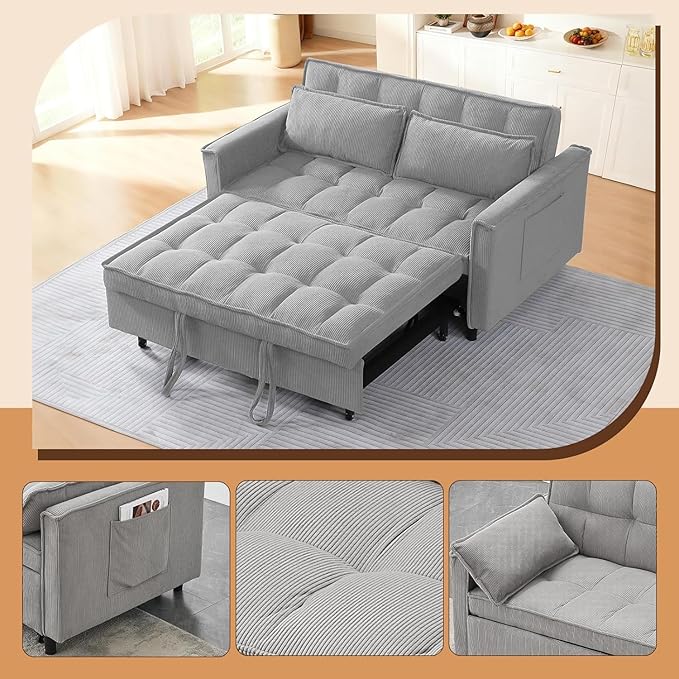 3 In 1 Corduroy Convertible Sofa BedPull Out Couch Bed with Reclining Backrest And 2 Pillows 54 Full Size Loveseat Sleeper Sofa Futon Couch Bed Couches For Small Spaces Living Room (Grey)