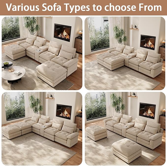 134U Shaped Sectional Couches for Living Room Oversized Modular Sectional Fluffy Couch with 2 Ottoman &amp Storage ConsoleModern 6 Seat Living Room Sofa with Glitter FabricTufted Buttons Camel