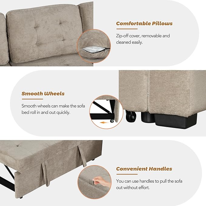 82.6 L-Shape Sofa Bed with Wheels Pull-Out Sleeper Sofa with USB Ports and Power Sockets Multifunctional Convertible Sectional Sofa Set for Living Room Bedroom (khaki-11x)