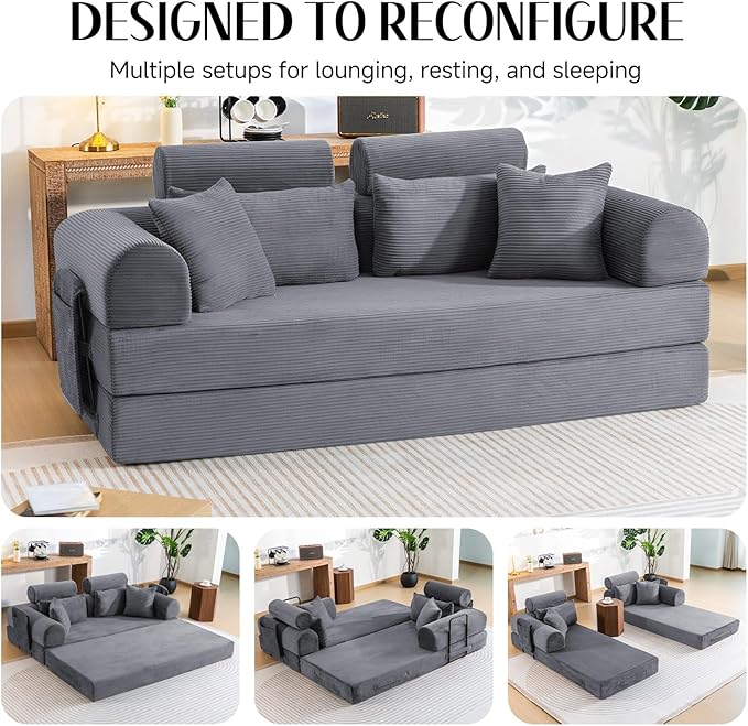 79 Corduroy Sofa Bed Sleeper Couch 6-in-1 Convertible Boneless Floor Futon Loveseat High-Density Foam Couch in a Box with 2 Headrest Pillows No Assembly Dark Grey