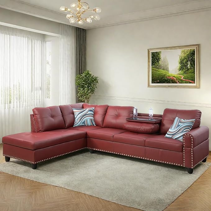 FONTOI Leather Sectional Couch Sofa Modern Nail-Head Design L Shaped Sectional Sofa for Living Room 4 Seat L Couch with Storage Ottoman &amp Cup Holder for Bedroom Apartment Red