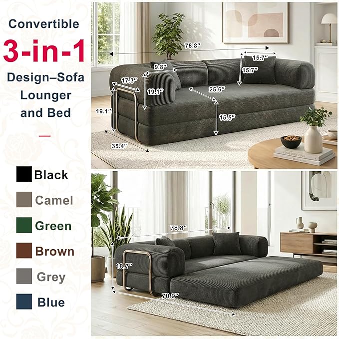 78Inch Compression Sofa 4-in-1 Convertible Floor Sleeper Sofa Bed Folding Sofa Couch with Pillow Support Armrest Cloud Corduroy Foldable Mattress for Living Room Bedroom