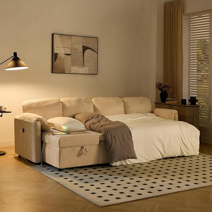 Tbfit 109'' Pull Out Sofa Sleeper Sofa Bed with USB &amp 2 Storage Chaises Comfy Oersized U Shaped Convertible Sectional Sleeper Couches for Living Room Apartment Office Beige
