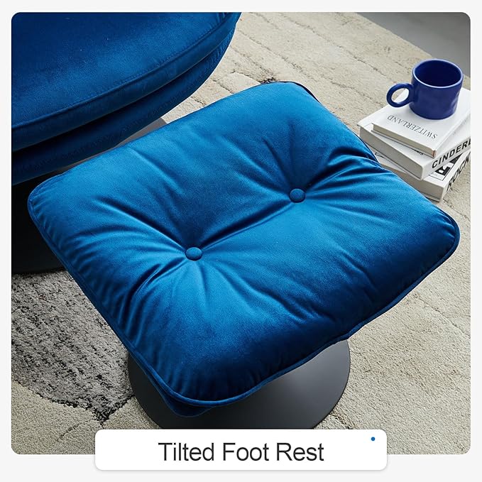 Swivel Accent Chair with Ottoman Set Velvet Modern Lounge Chair with Metal Base Frame &amp Footrest Comfy Lazy Single Leisure Armchair Reading Chair with 360 Swiveling For Living Room/Bedroom/Blue