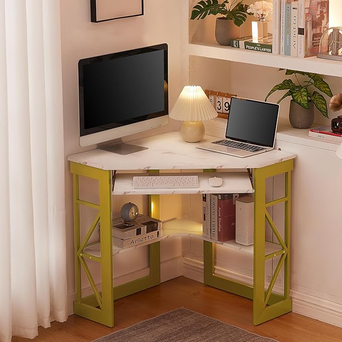 VECELO Corner Desk Computer Desk Writing Table with Smooth Keyboard Tray&ampStorage Shelves for Small Spaces/Compact Home Office Triangle TableGold &amp White