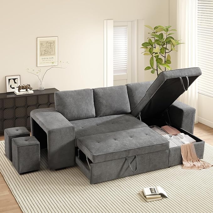 ANJ L Shaped Sectional Sleeper Sofa with Pull Out Bed and Storage 4-in-1 Convertible Couch with Hidden Ottoman and Arm Storage Easy Assembly Modular Sofa Bed for Living Room Grey