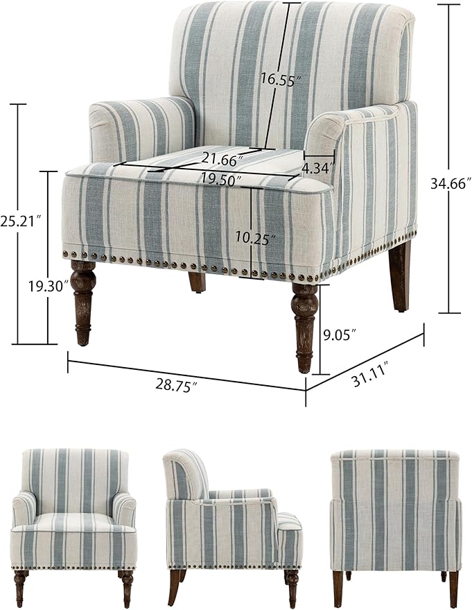Accent Chair Mid Century Modern Comfy Armchair for Living Room Linen Fabric Single Sofa Lounge for Reading Bedroom Apartment Waiting Room with Wood Legs (Blue Stripe Set of 2)