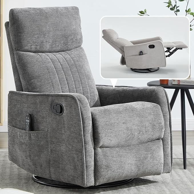 Slim Swivel Rocking Chair Recliner with PocketsLazy Boy Recliners for for AdultsSmall Recliner Chair for Small Spaces Manual Reclining Chair for Living Room Bedroom (Cinerous)