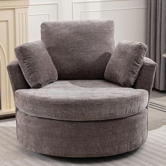 Oversize Round Swivel Chair Cozy Club 360 Degrees Swivel Sofa with 3 Pillows Chenille Fabric for Living Room Lounge Hotel Bedroom 40.2D X 42.1W X 34.3H Inches (Grey)