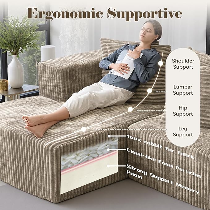 130'' U Shaped Couched for Living Room Cloud Modular Sectional Couch with 2 Chaise Lounge Modern Minimalist Upholstered Sofa Sleeper Deep Seat Corner Couch No Assembly Required Light Coffee
