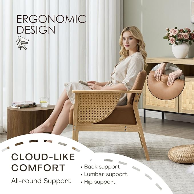 Mid-Century Accent Chair Modern Rattan Armchair PU Leather Lounge Chair with Wood Legs Upholstered Leisure Chair for Living Room Bedroom Reception Room Brown
