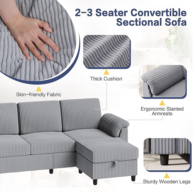 Walsunny 79 Convertible Sectional Sofa Reversible Modern L Shaped 3 Seat Modular Sofa Couch with Pillows and Storage Ottoman for Living Room（Light Gray）