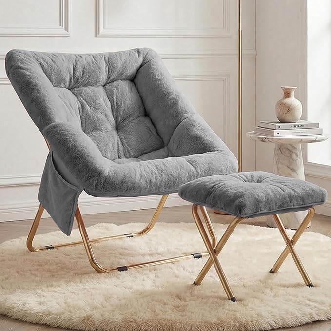 Comfy Saucer Chair for Adults Foldable Living Room Chairs Soft Faux Fur Lounge Chair for Bedroom Reading Chairs X-Large (Ottoman-Grey)