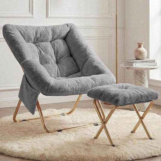 Comfy Saucer Chair for Adults Foldable Living Room Chairs Soft Faux Fur Lounge Chair for Bedroom Reading Chairs X-Large (Ottoman-Grey)