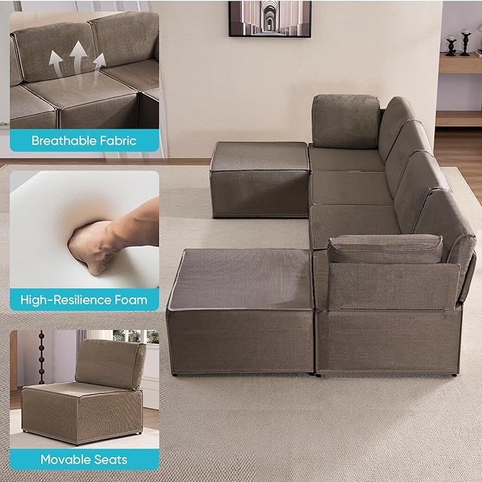 CECER Modular Sectional Sofa U Shaped Convertible Couch Sofa with Reversible Chaises Queen Sleeper Sofa Modular Oversized Sofa Couches for Living Room (Brown)