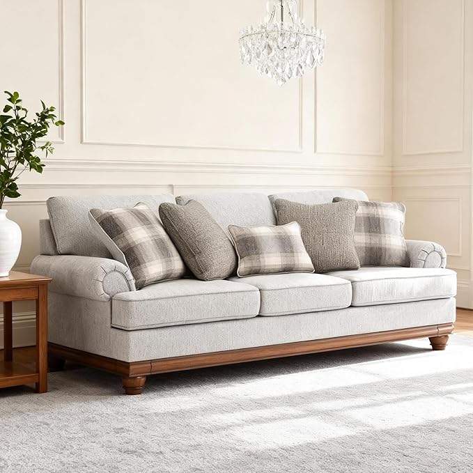 Signature Design by Ashley Meadowview Classic Upholstered Sofa with Reversible Seat Cushions 5 Accent Pillows and Rolled Armrest Light Gray