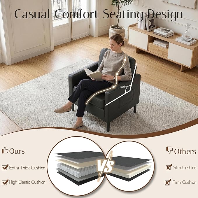 AODAILIHB Black Leather Accent Chair Set of 2 Modern Accent Chairs with Arms Small Side Chair 2 Pocket/Thick Cushion Single Sofa Comfy Couch for Living Room/Waiting Room/Office (2 Black)