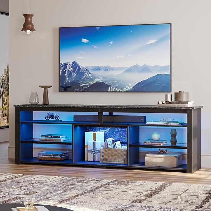Bestier Tall LED TV Stand for 70/75/80 inch TV Modern Black Marble Entertainment Center with Storage for PS5 Gaming Console for Living Room &amp Bedroom