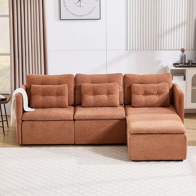 LukeAlon L Shaped Modular Sectional Sofa Couch with Ottoman Modern 3 Seater Chenille Sofa Set with Pillow 82.5 Upholstered Lounge Sleeper Sofa Couch for Living Room Apartment Office Light Brown