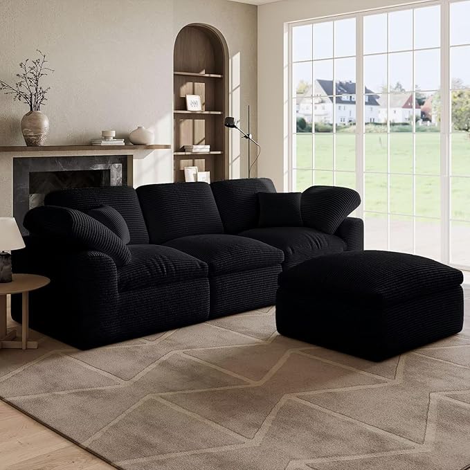 Cloud Sectional Couches for Living Room 4 Seater Cloud Modular Couch L Shaped Corduroy Sectional Sofas with Ottoman Boneless Comfy Sofa for Apartment No-Assembly Black