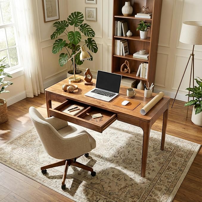 Acacia Wilma 48” Rubber Wood Rectangular Writing Desk for Study Office Desk Dining Table Set for 4 with Storage Drawer Mid-Century Modern Table for Bedroom Dining Room Easy Assembly Natural