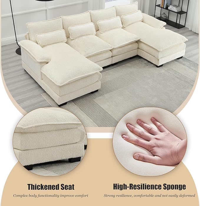110'' U-Shaped Sectional Couch Modern Chenille Extra Large Modular Sofa with 4 Cushions Memory Foam Funiture Set with Double Lounger for Living Room Office Reception Room Beige