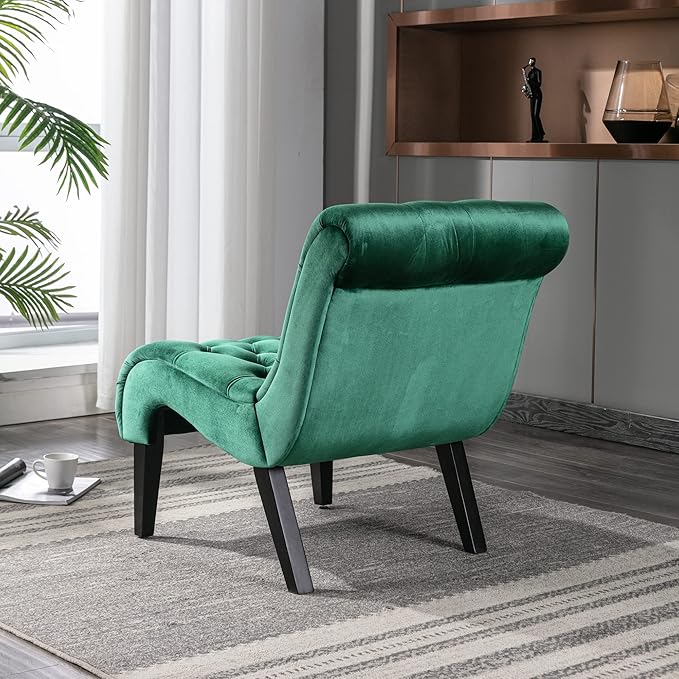 Yoluckea Modern Upholstered Accent Chair S-Shape Armless Lounge Chair for Bedroom Living Room Comfy Velvet Chaise Chairs with Button Tufted Back and Solid Wood Legs Green