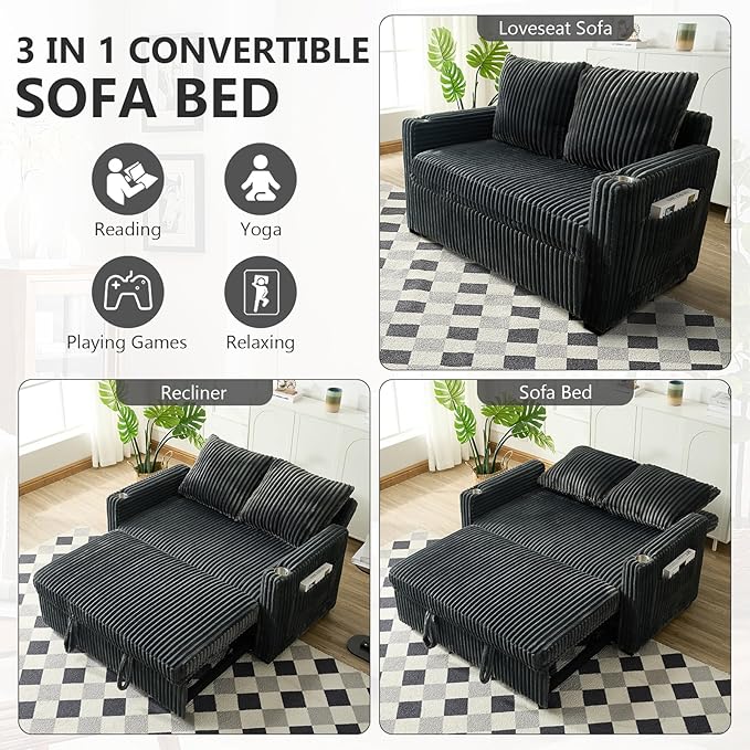 Hommoo Sleeper Sofa Couch with Pull Out Bed Convertible 3 in 1 Futon Lounge Sofa Small Love Seat for Living Room Apartment Comfy Corduroy Reclining Back with Cup Holder and USB Ports 53 Grey