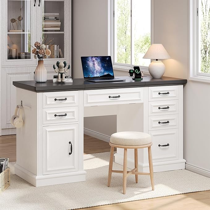 Farmhouse 57 Lift Up Executive Desk with 5 Drawers and Charging Station Wood Home Office Computer Desk with File Cabinet Storage Keyboard TrayHeadphone Hook for WorkStudy (White+Black)