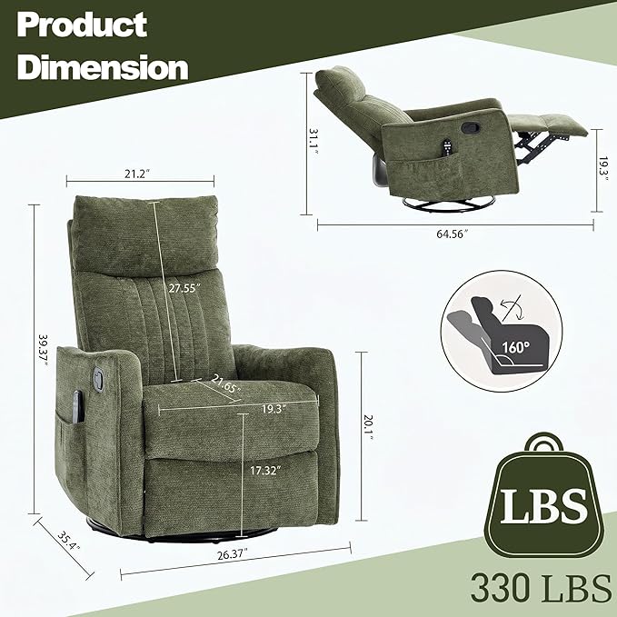 Casaphoria 360° Swivel Rocking Recliner Chair with Heat and Massage Upholstered Fabric Nursery Glider with Side Pocket for Living RoomBedroomHome Theater and RV Small Space(Antique Green)