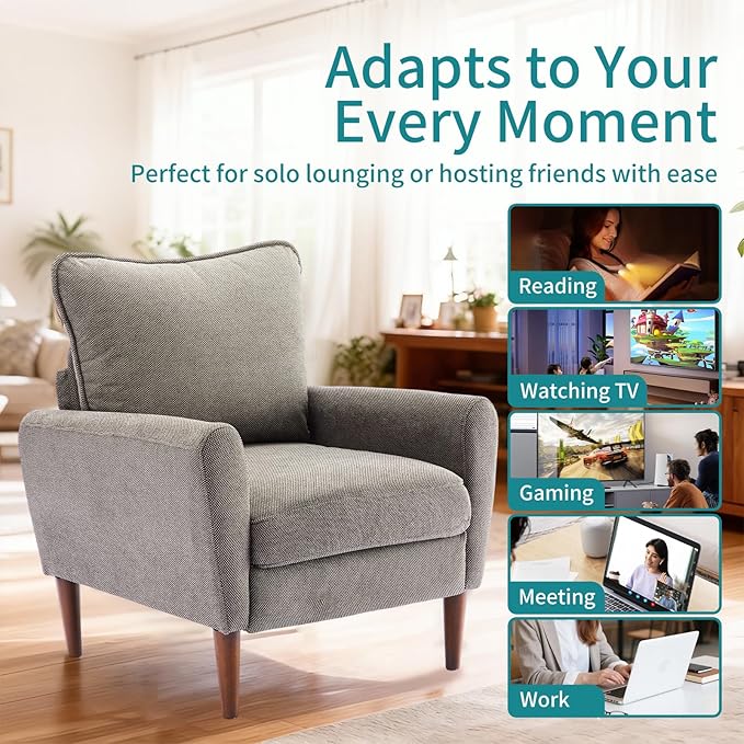 OLIXIS Comfy Accent Chair for Living Room Bedroom and Waiting Room Upholstered Mid-Century Reading Chair with Pillow and Solid Wood Legs Wide Singe Modern Lounge Sofa (Gray 2 Pack)