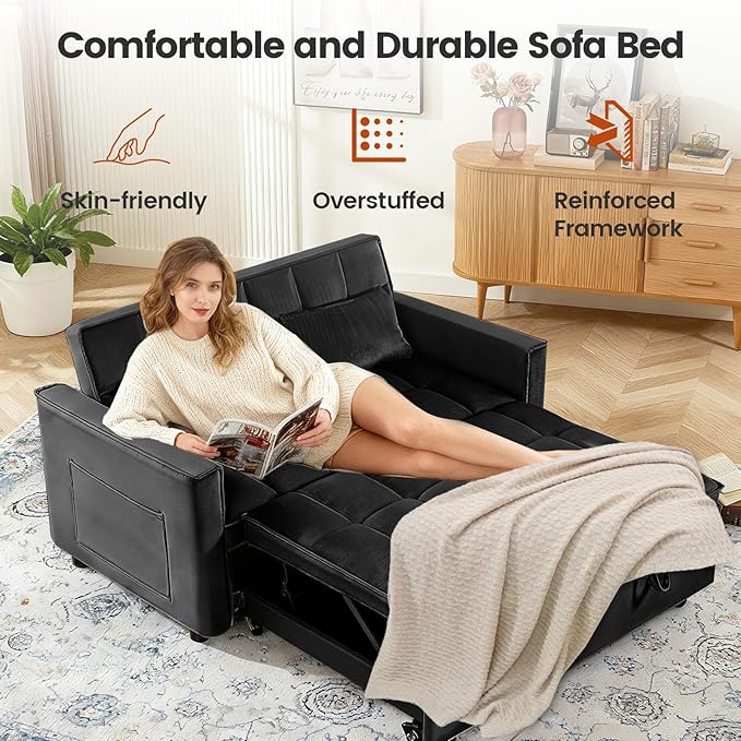 Convertible Sofa Bed Pull Out Sofa Bed with Adjustable Backrest 3 in 1 Velvet Fabric Loveseat Sleeper Sofa Bed Couch with Side Pockets for Living Room Bedroom Apartment Black