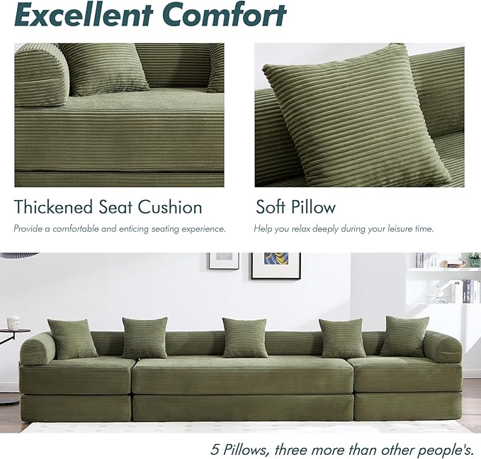10-in-1 Folding Convertible Sofa Bed 141 Inch Boneless Couch with Fixed-Shape Frame Corduroy Modular Sectional Sofa Mattress Sleeper Sofa Floor Sofa Futon Couch for Living Room (Green)