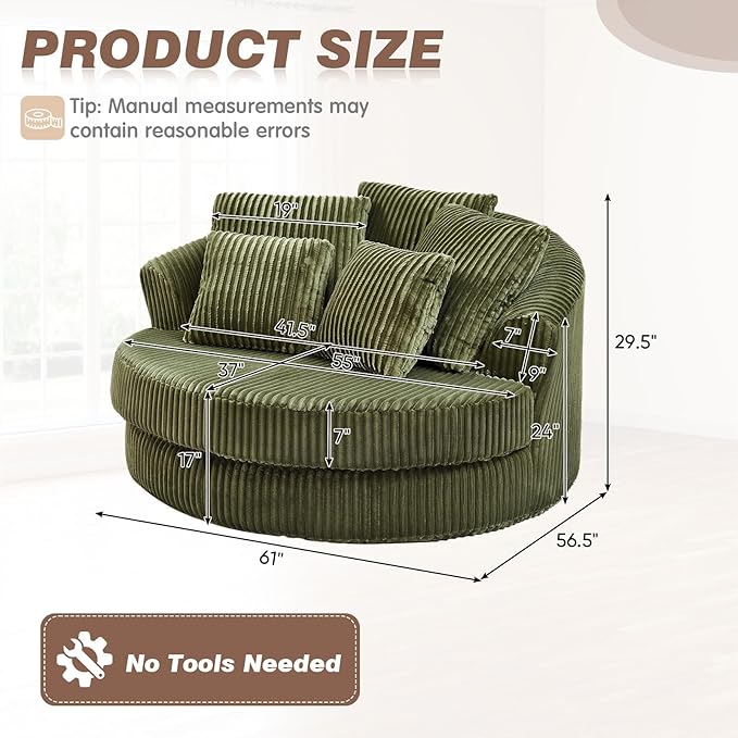 61-inch Boneless Round Chair Circle Corduroy Memory Foam Upholstered Chaise Lounge Indoor Comfy Reading Accent Deep Seat Sofa Chair for Living Room Bedroom Office No Assembly Required Green