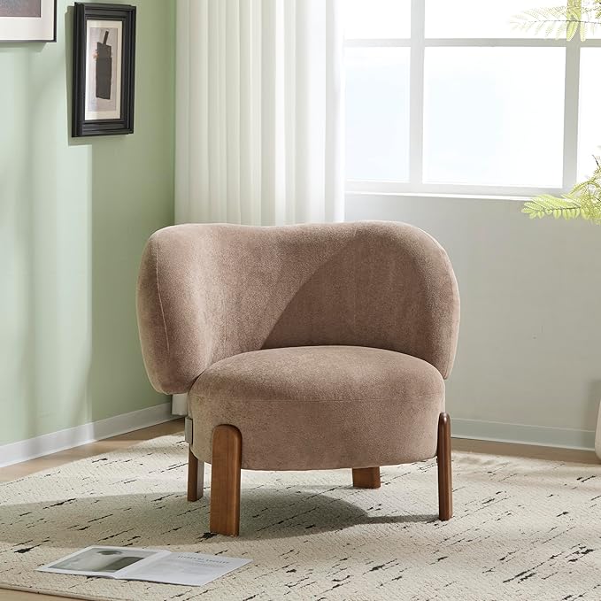Christopher Knight Home Lily Solid Wood Wingback Accent Chair Fabric Upholstered Club Chair Curved Backrest Single Sofa Comfy Reading Lounge Chair for Living Room Soft Cushion Seating Light Brown