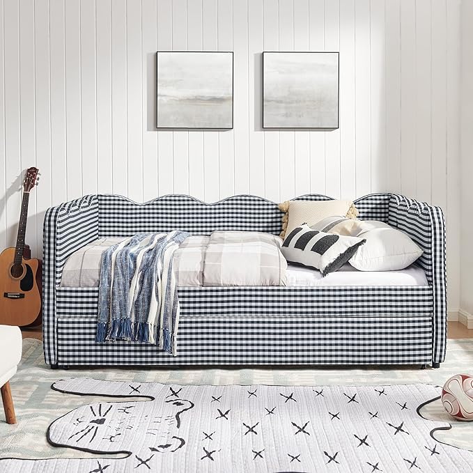 Cozy Gingham Daybed with Trundle Twin Size Sofa Bed No Box Spring Needed with USB Port and Adorable Wave Shaped Linen Fabric Navy (Full+Navy)