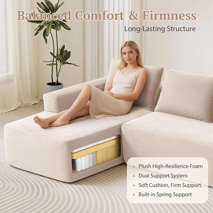 97inch Boneless L-Shaped Sectional Sofa with Throw Pillow &amp Side Pockets- No Assembly Compressed Modular Couch Memory Foam Deep Seat for Living Room Bedroom Apartment White Left