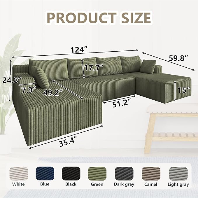 124 U Shaped Cloud Couch Sectional Corduroy Upholstered 4-Seater Cloud Couches for Living Room Deep Seat Modular Boneless Sofa with Lounge Chaise No Assembly Required Green