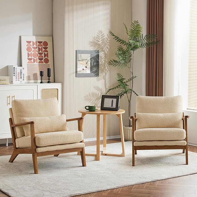 Karl home Accent Chair Wide Armrest Mid-Century Lounge Chair Teddy Fleece Armchair with Lumbar Pillow &amp Solid Wood Frame for Living Room Bedroom Balcony Khaki