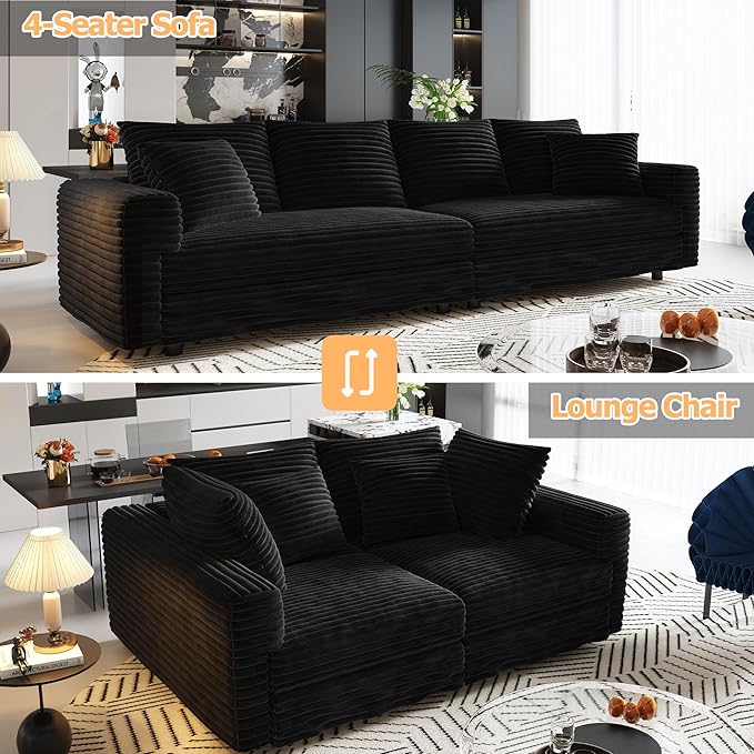 Cloud Couch Modular Sectional Sofa Fluffy 4 Seater Corduroy Cloud Sofa Couch 102.4'' Oversized Chaise Lounge Sleeper Sofas Deep Seat Sectional Couches for Living Room Black