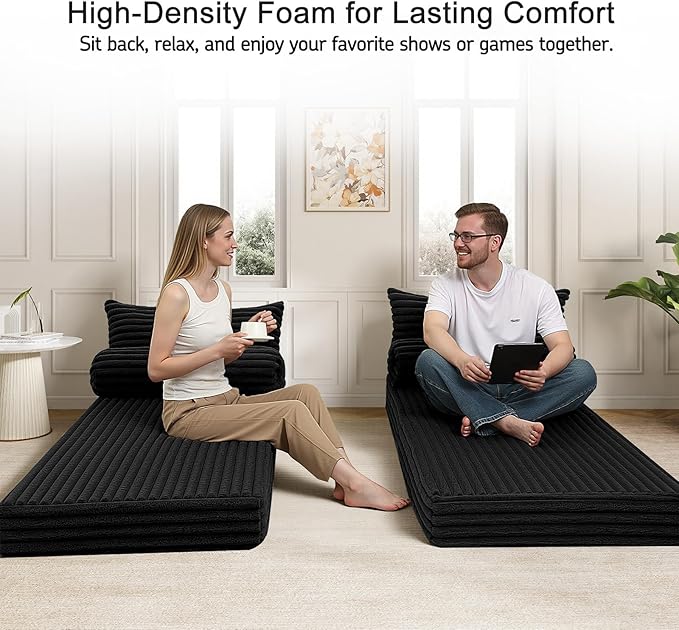 MeMoreCool Convertible Sofa Bed Folding Floor Couch Bed Queen Pull Out Sleeper Couch with Pillows Fold Out Futon Sofa for Bedroom Living Room Small Space Corduroy Black