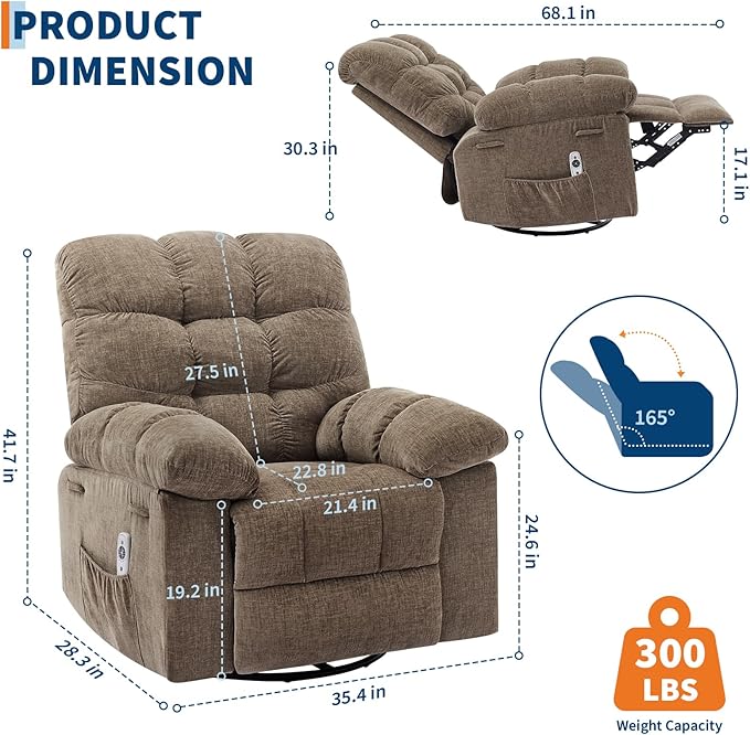Massage Rocking Recliner Chairs360° Swivel Rocking Recliner Chair with Vibration Massage and Heat for Living RoomBedroomHome Theater
