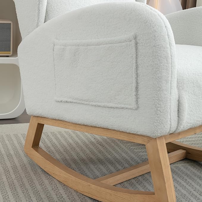 Setawix Teddy Rocking Glider Chair for NurseryUpholstered Living Room Rocker Arm ChairLeisure Sherpa Wingback ArmchairMid Century Modern Rocking Accent Chair with Side Pockets (Wingback Ivory)