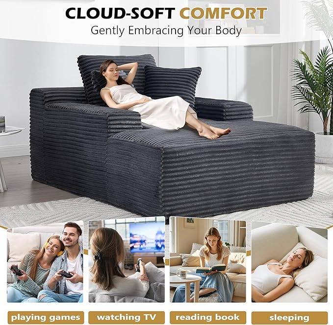 66 Oversized Chaise Lounge Chair Indoor Corduroy Upholstered Sofa Bed with Pocket Springs&ampHigh-Density Foam Deep Seat Sleeper Couch with 3 Pillows No Assembly for Living Room (Dark Grey)