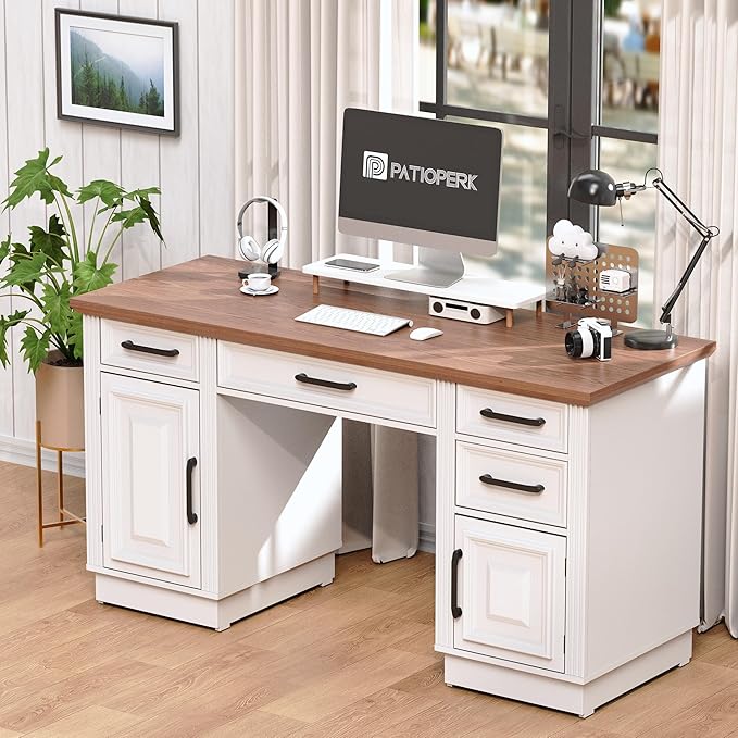 58 Farmhouse Executive Desk Wood Home Office Desk with Drawers Computer Desk with Drawers and Storage Cabinet Workstation for Office Home White